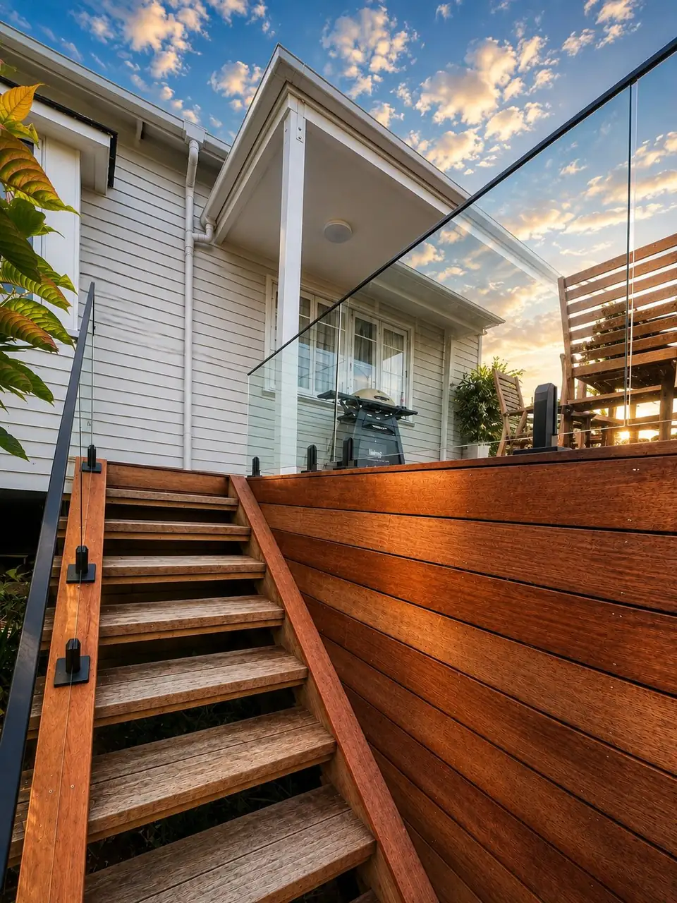 Glass stair balustrade on timber steps